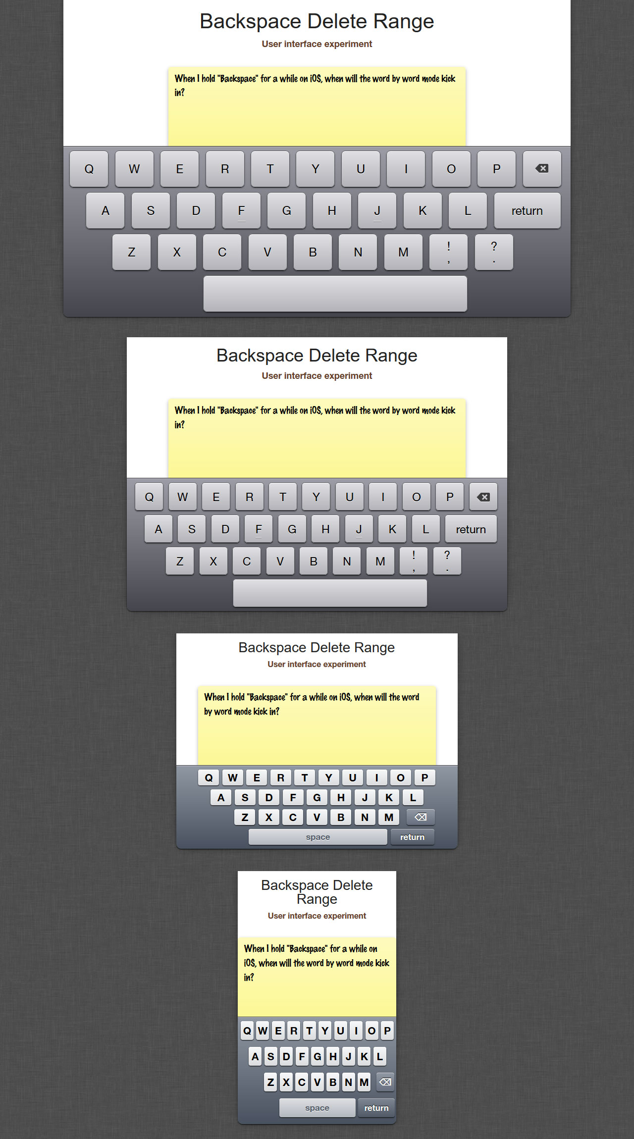 iOS 6 keyboards: iPad landscape, iPad portrait, iPhone landscape, and iPhone portrait